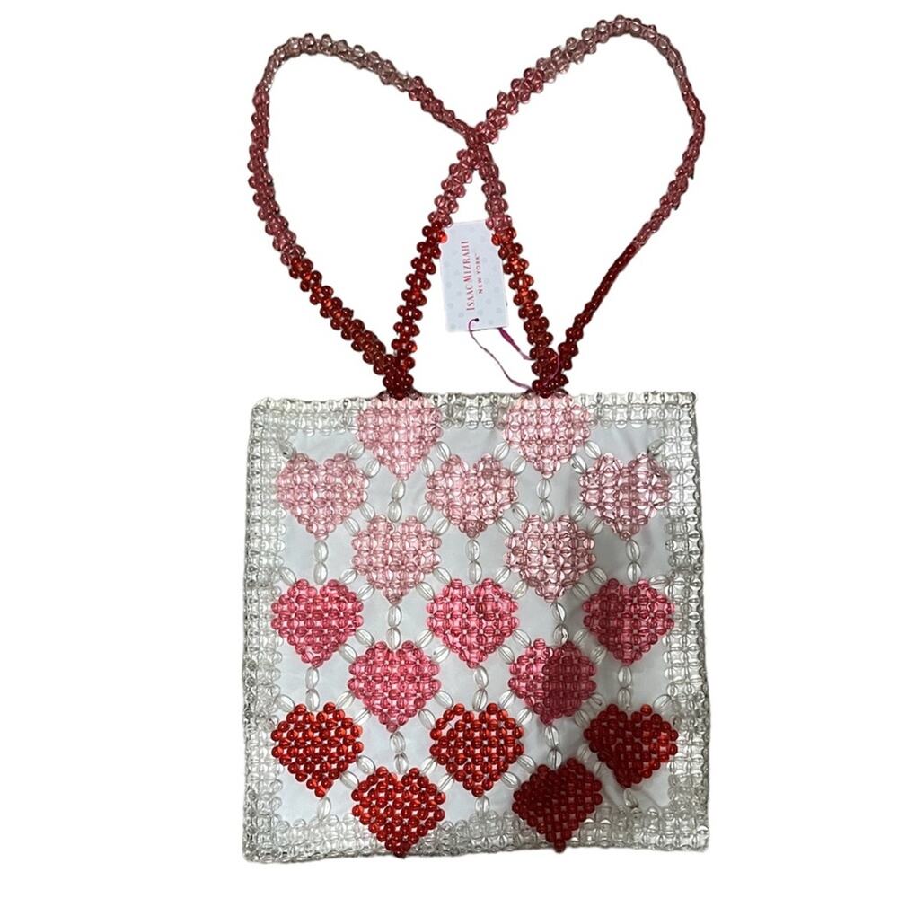 NWT Isaac Mizrahi Beaded Hearts White Pink Red Tote Bag Purse Valentine’s Day